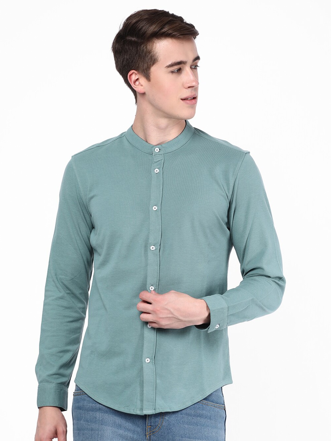 

R&B Mandarin Collar Opaque Cotton Casual Shirt, Green