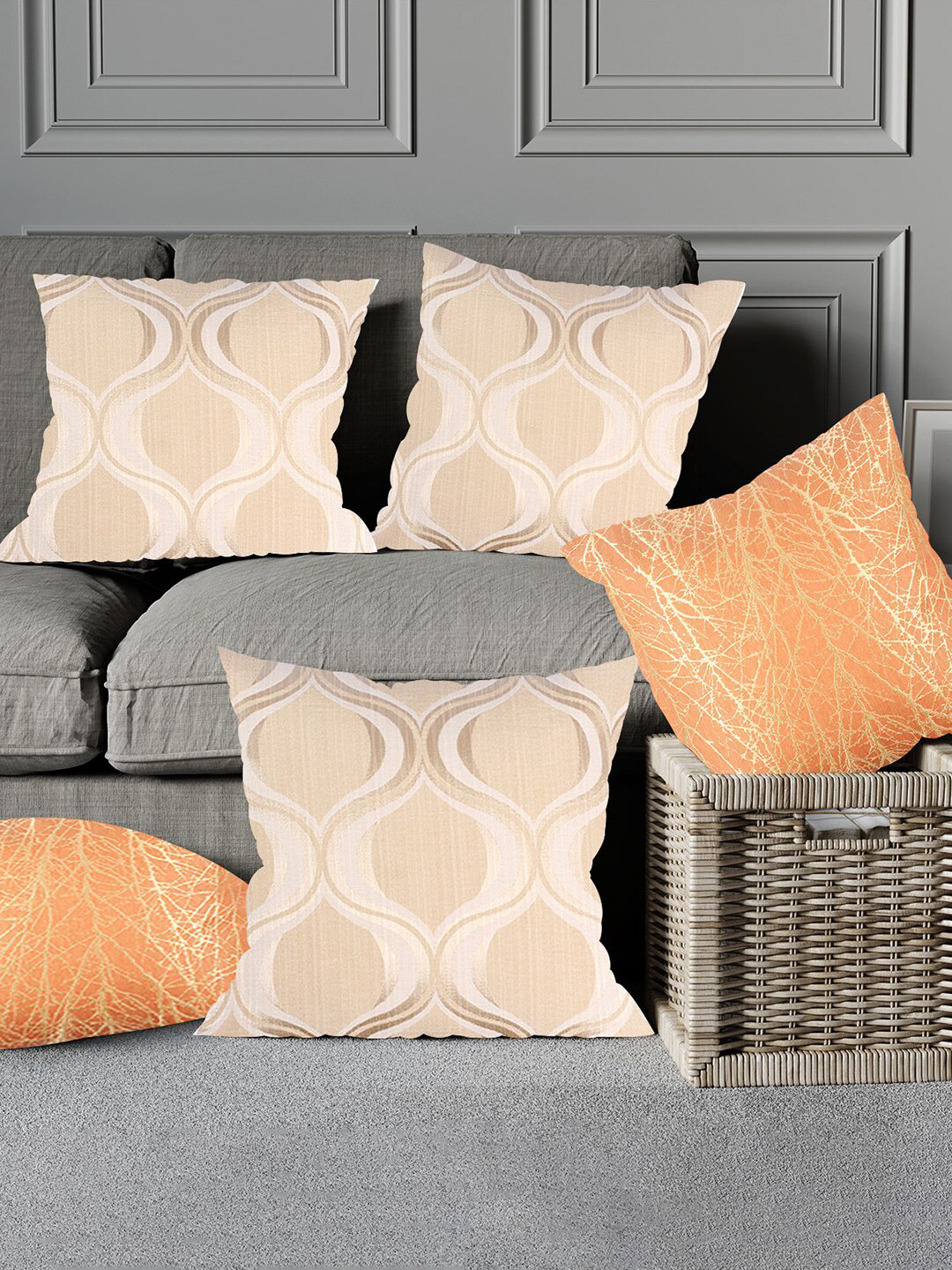 

Just Home Beige & Orange 5 Pieces Abstract Square Cushion Covers