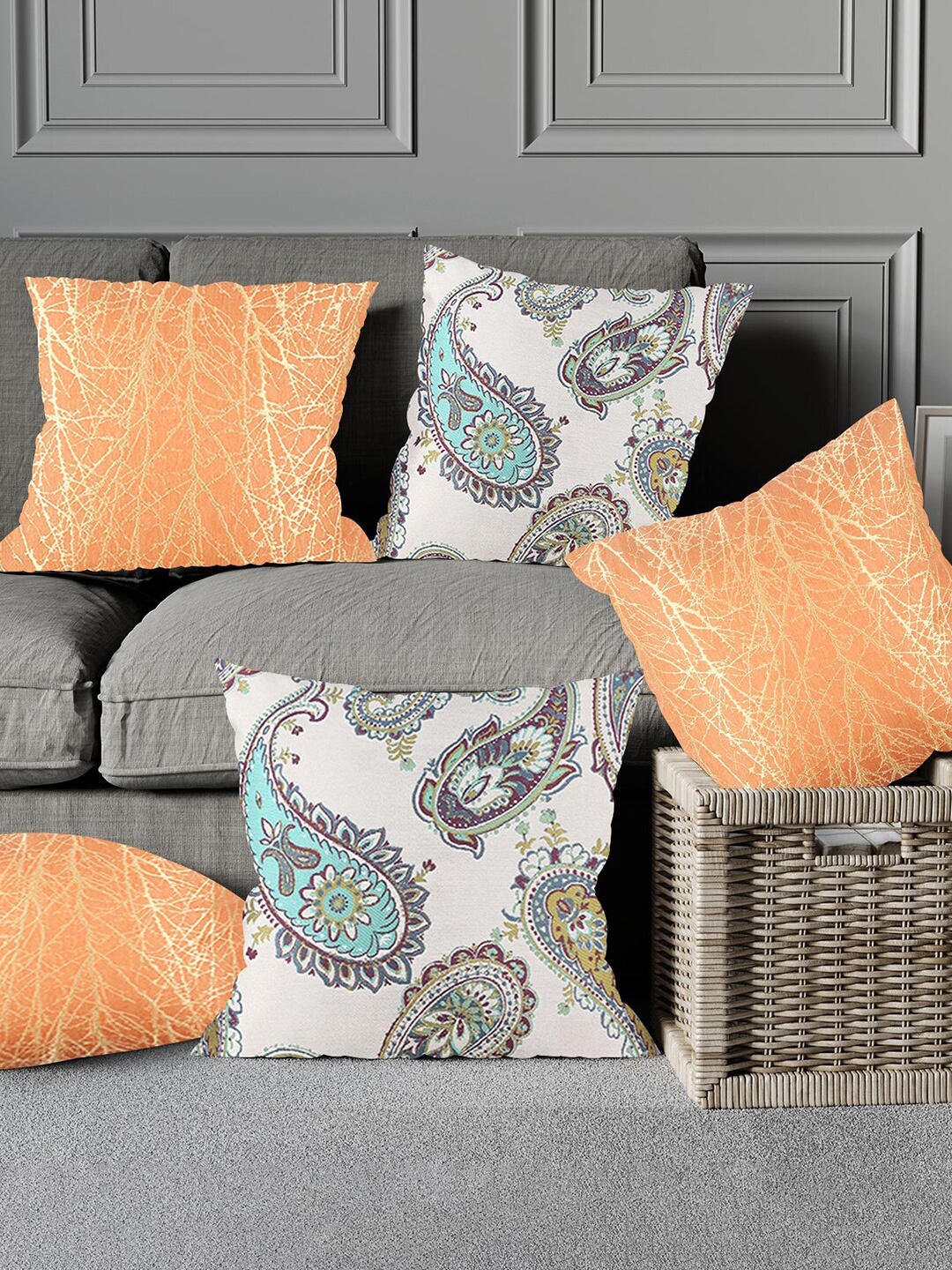 

Just Home Peach-Coloured & Gold-Toned 5 Pieces Ethnic Motifs Square Cushion Covers