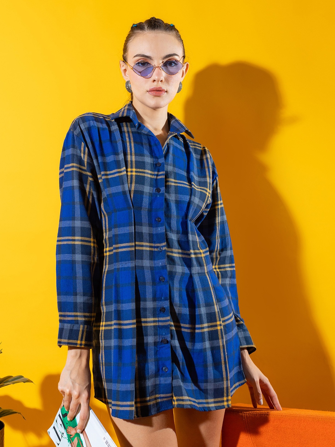 

Stylecast X Hersheinbox Blue & Yellow Colour Checked Gathered Pure Cotton Shirt Mini Dress