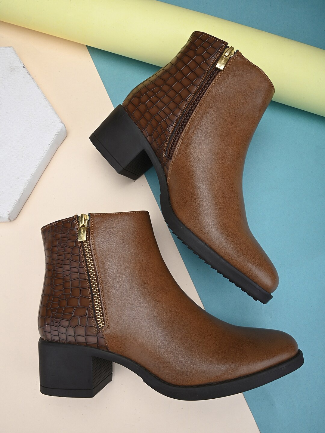 

DressBerry Women Brown Textured Heeled Mid-Top Regular Boots