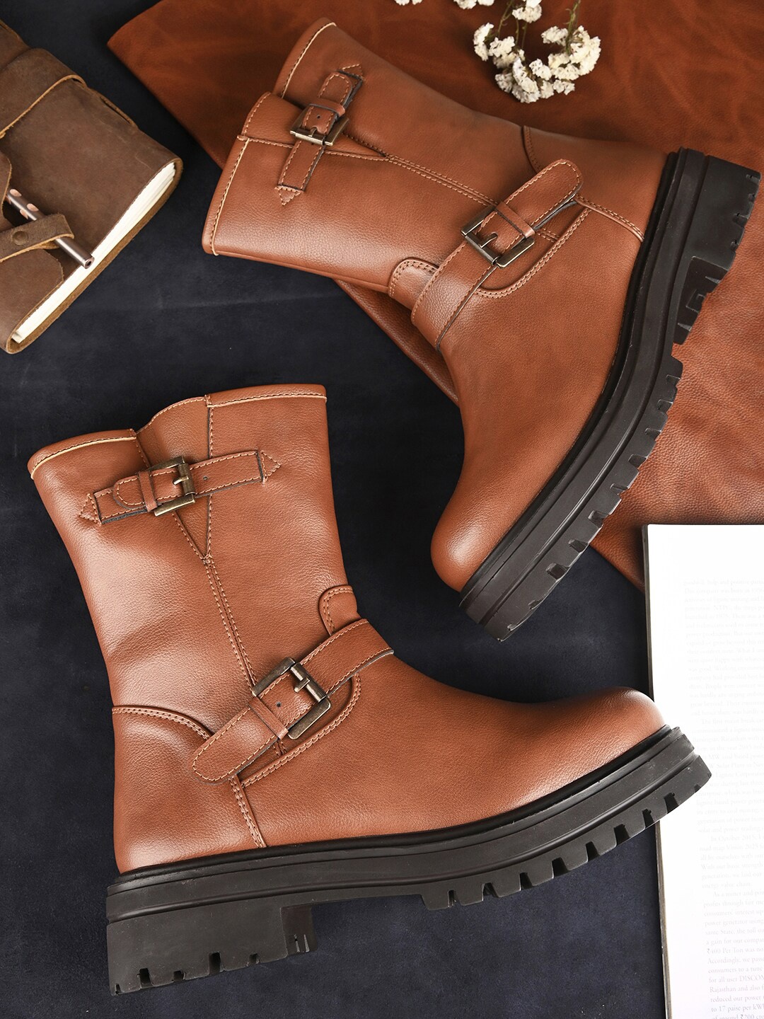 

DressBerry Women Tan Brown Heeled Mid-Top Regular Boots