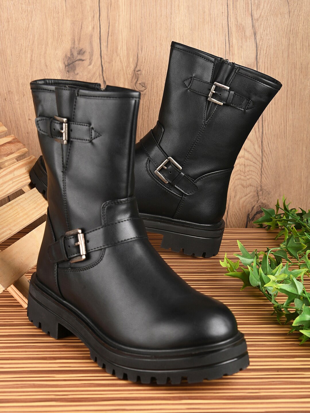 

DressBerry Women Black Heeled Mid-Top Regular Boots