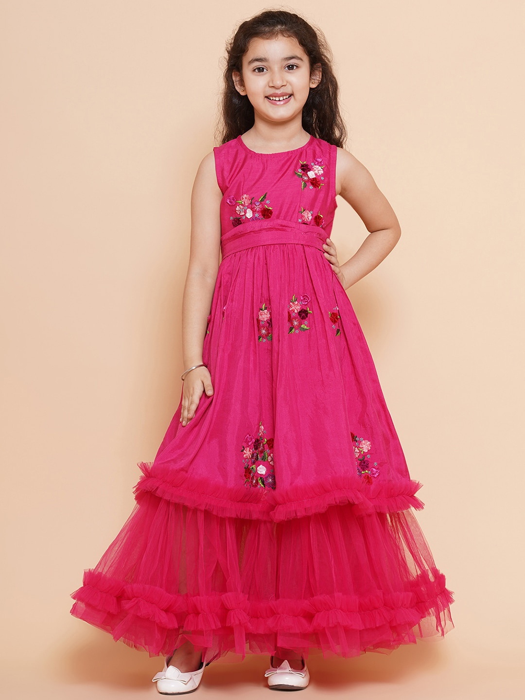 

Bitiya by Bhama Girls Floral Embroidered Fit & Flare Maxi Dress, Pink