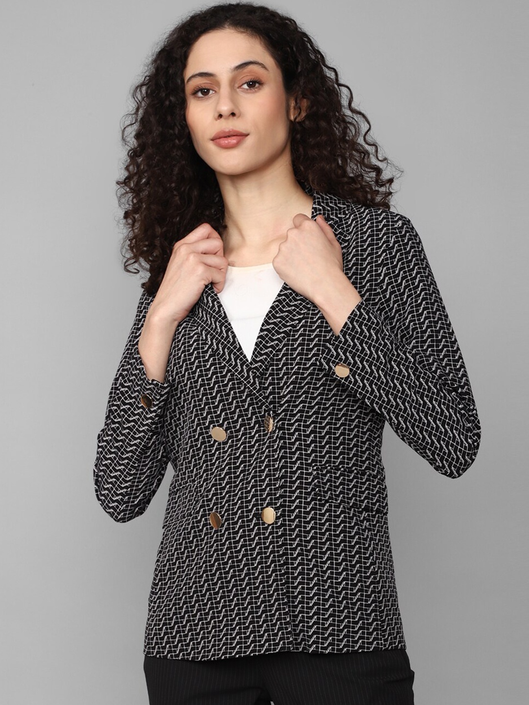 

Allen Solly Woman Printed Double-Breasted Blazer, Black