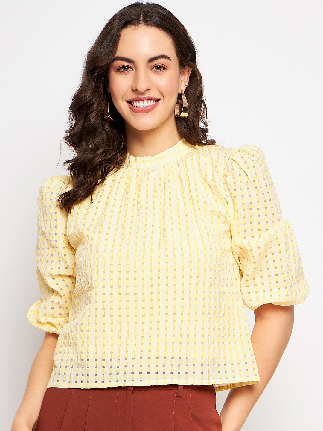 

CAMLA Schiffli High Neck Casual Top, Yellow