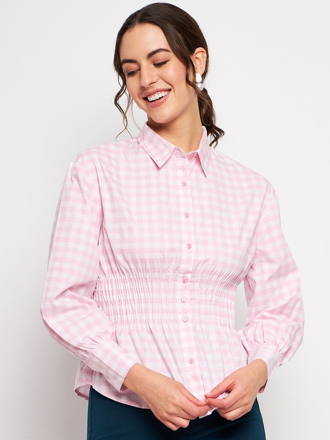 

CAMLA Checked Cinched Waist Casual Top, Pink