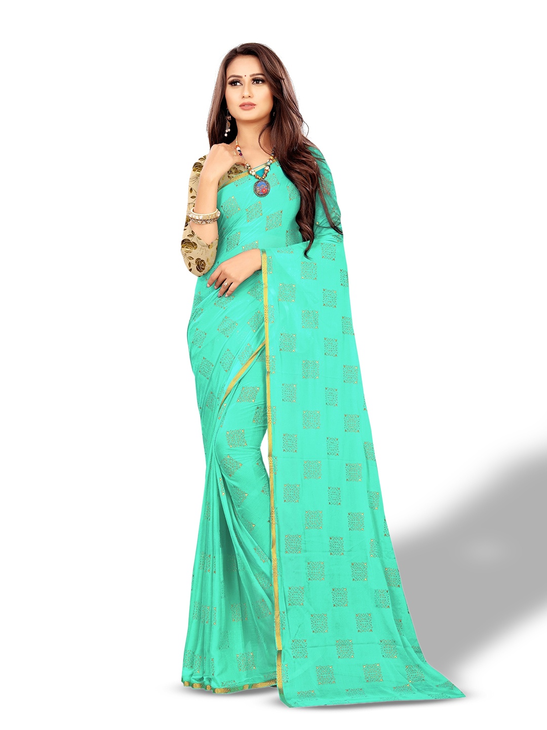 

Rhey Ethnic Motifs Foil Printed Zari Chiffon Banarasi Saree, Sea green