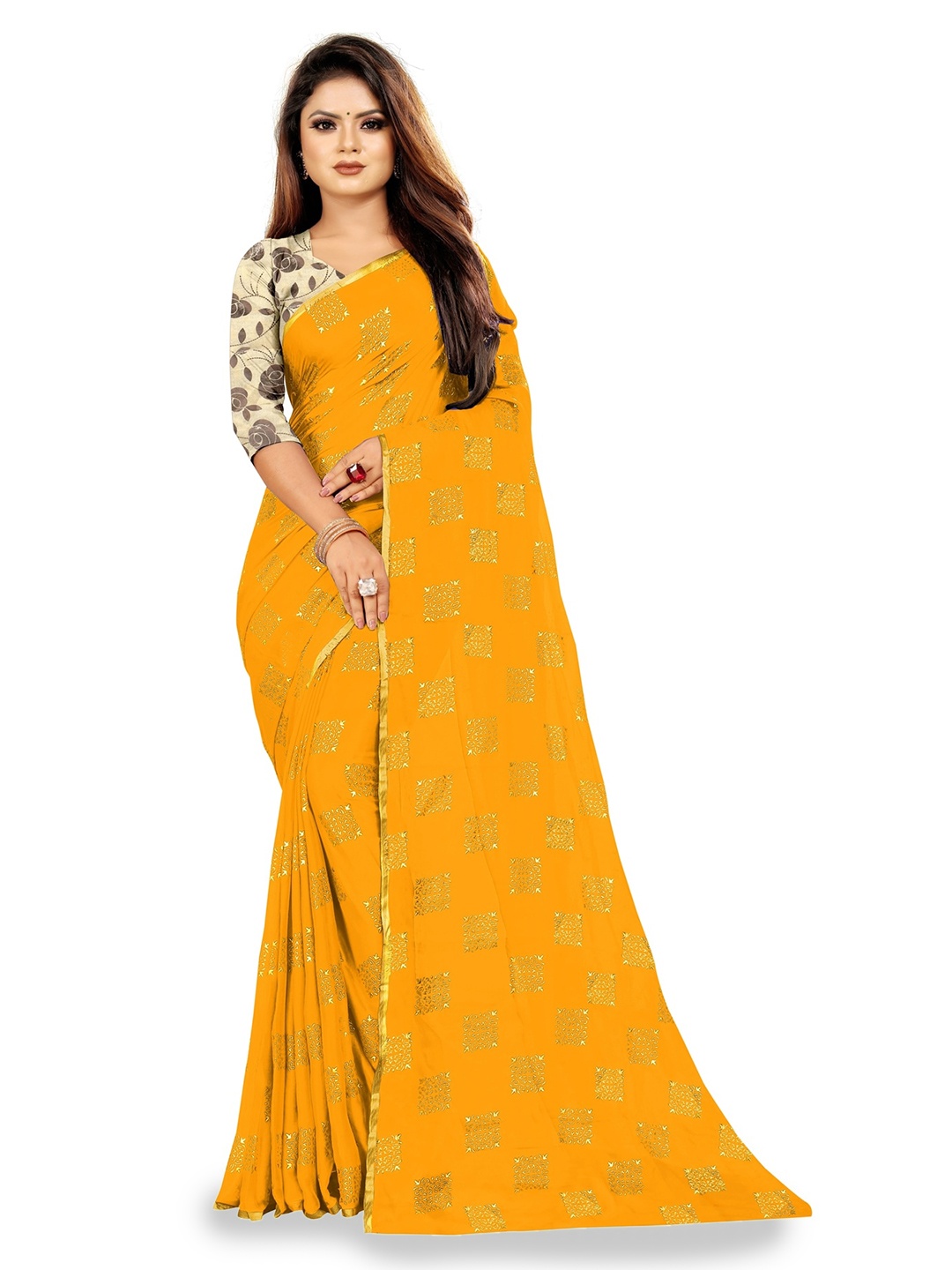 

Rhey Ethnic Motifs Foil Printed Zari Chiffon Banarasi Saree, Yellow