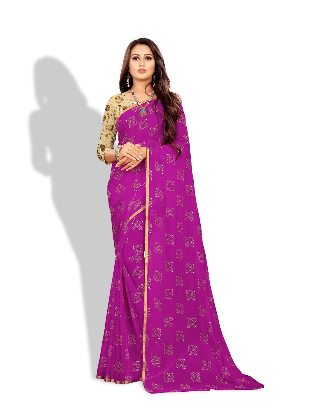 

Rhey Ethnic Motifs Foil Printed Zari Chiffon Banarasi Saree, Magenta