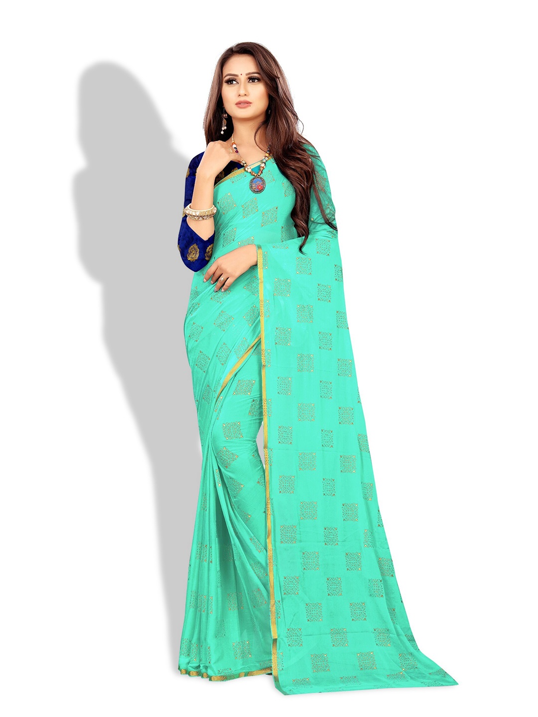 

Rhey Ethnic Motifs Foil Printed Zari Chiffon Banarasi Saree, Sea green