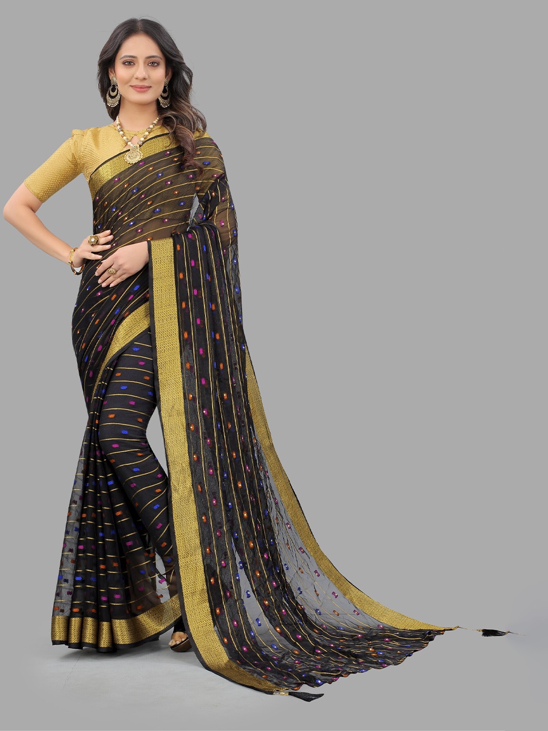 

Rhey Striped Woven Design Zari Pure Chiffon Banarasi Saree, Black