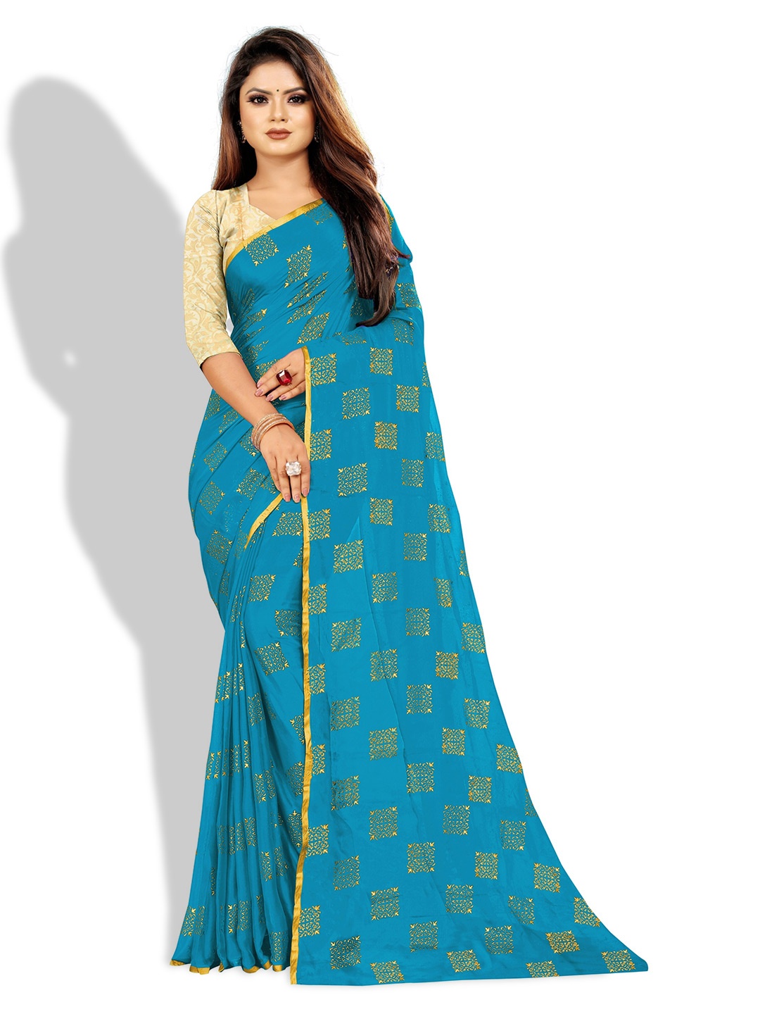

Rhey Ethnic Motifs Printed Zari Banarasi Saree, Turquoise blue