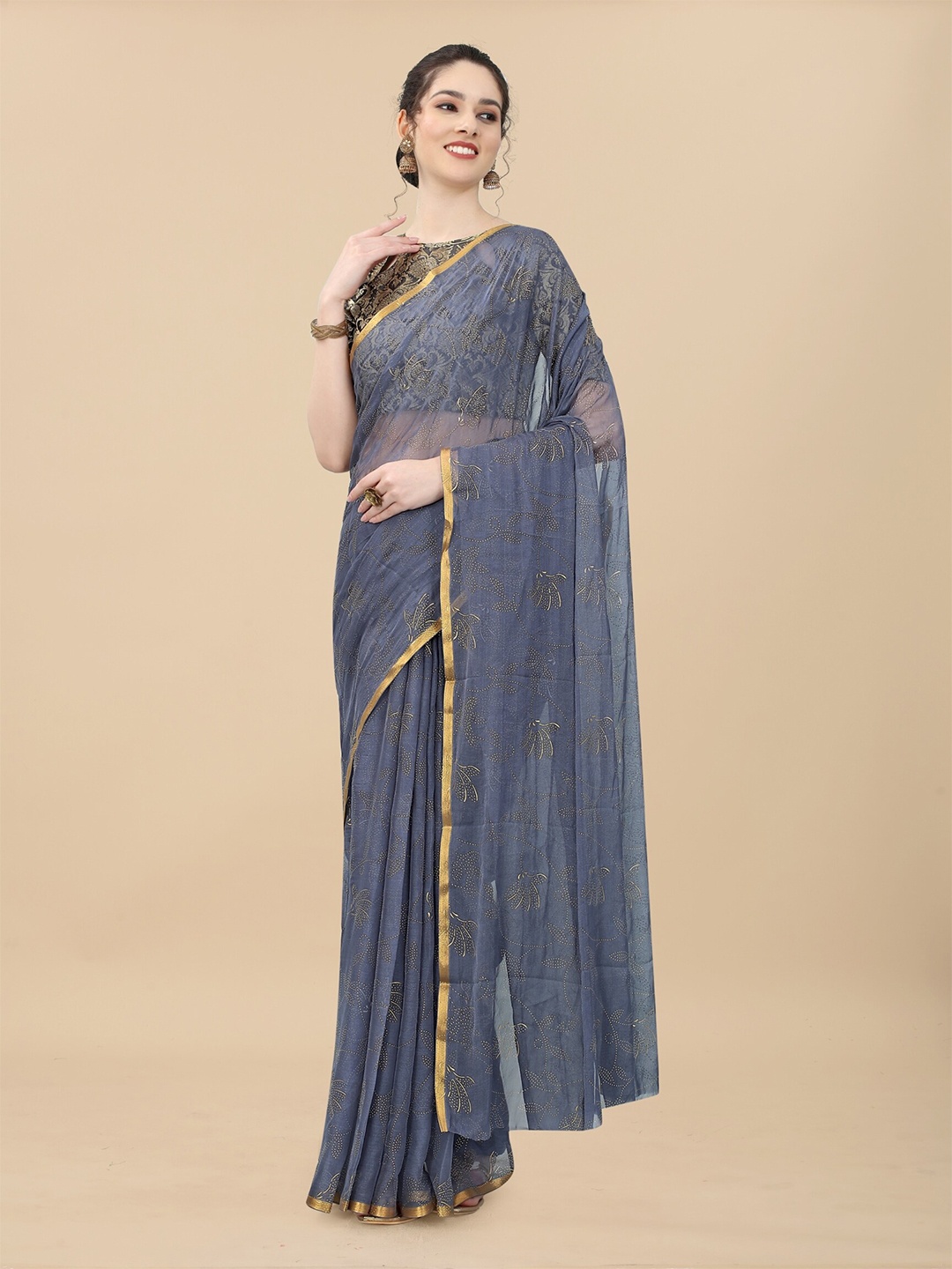 

Rhey Floral Printed Zari Banarasi Saree, Grey