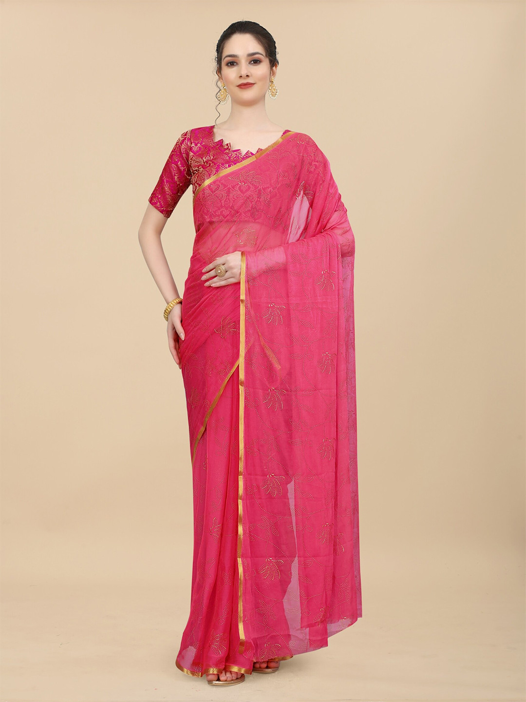 

Rhey Floral Printed Zari Banarasi Saree, Pink