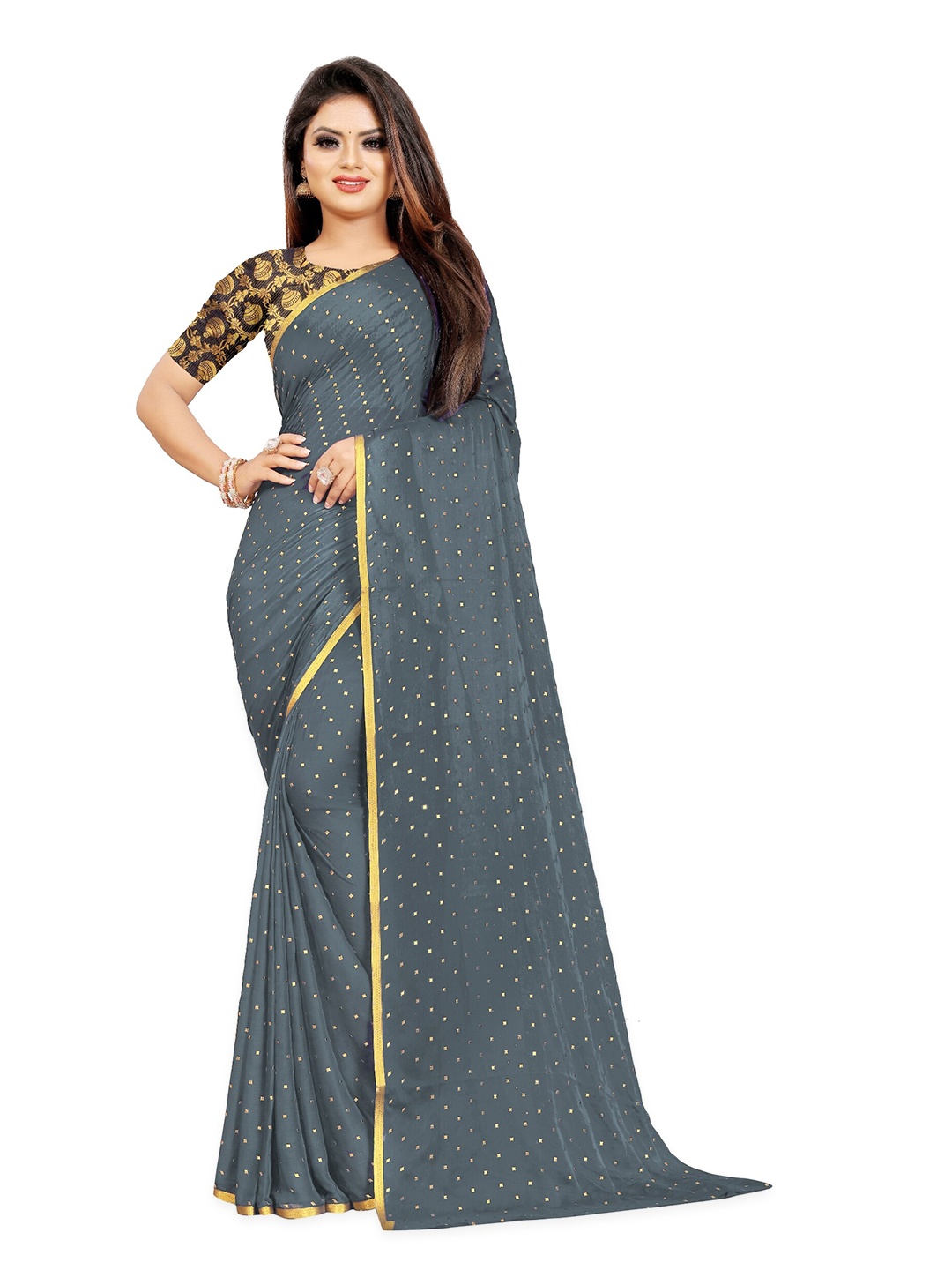 

Rhey Geometric Printed Zari Banarasi Saree, Grey