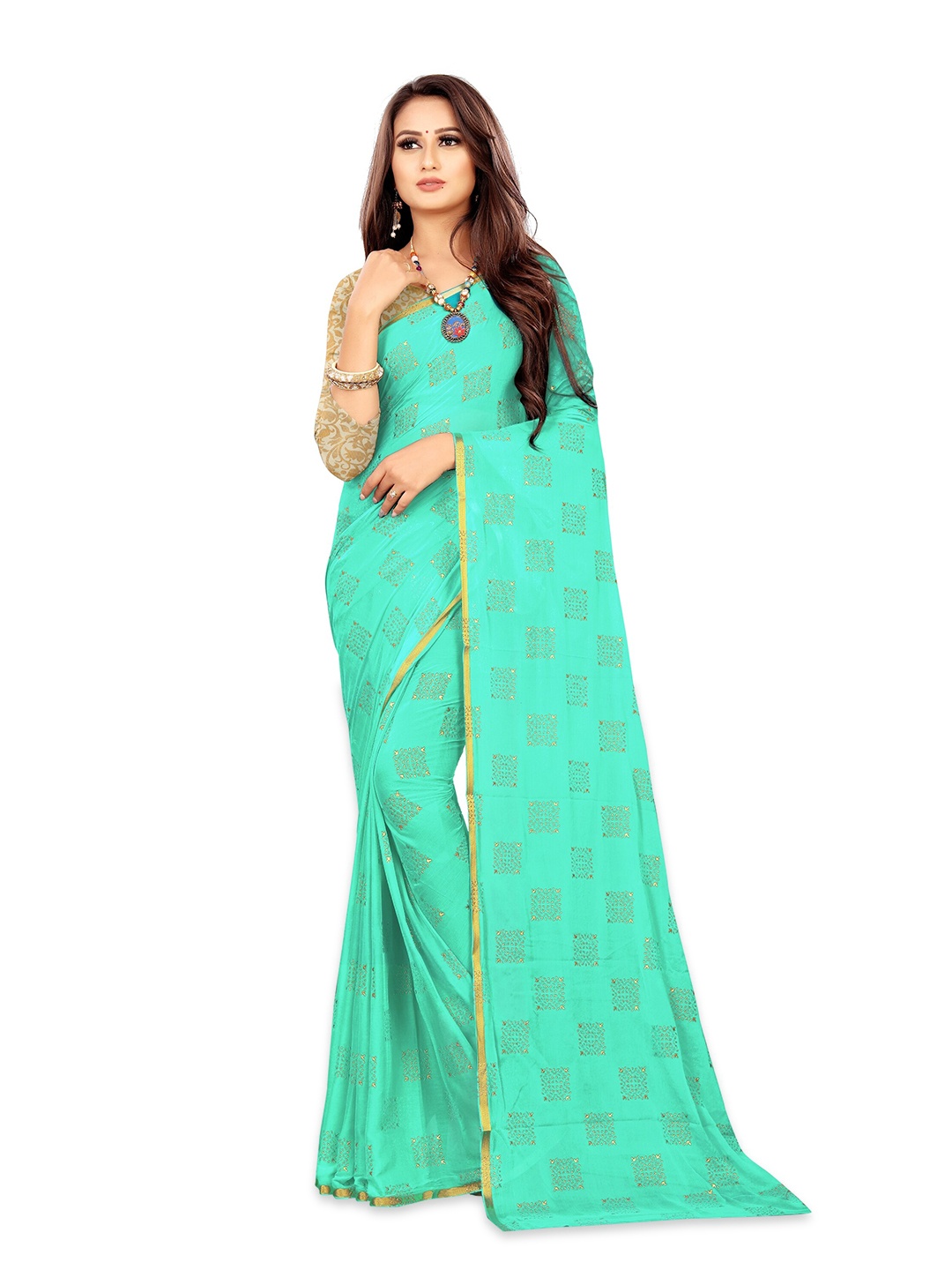 

Rhey Ethnic Motifs Printed Zari Banarasi Saree, Sea green