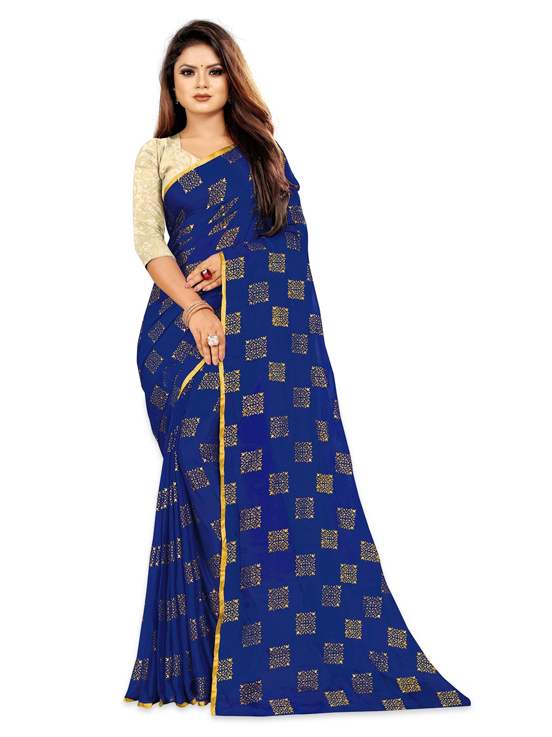 

Rhey Ethnic Motifs Printed Zari Banarasi Saree, Navy blue