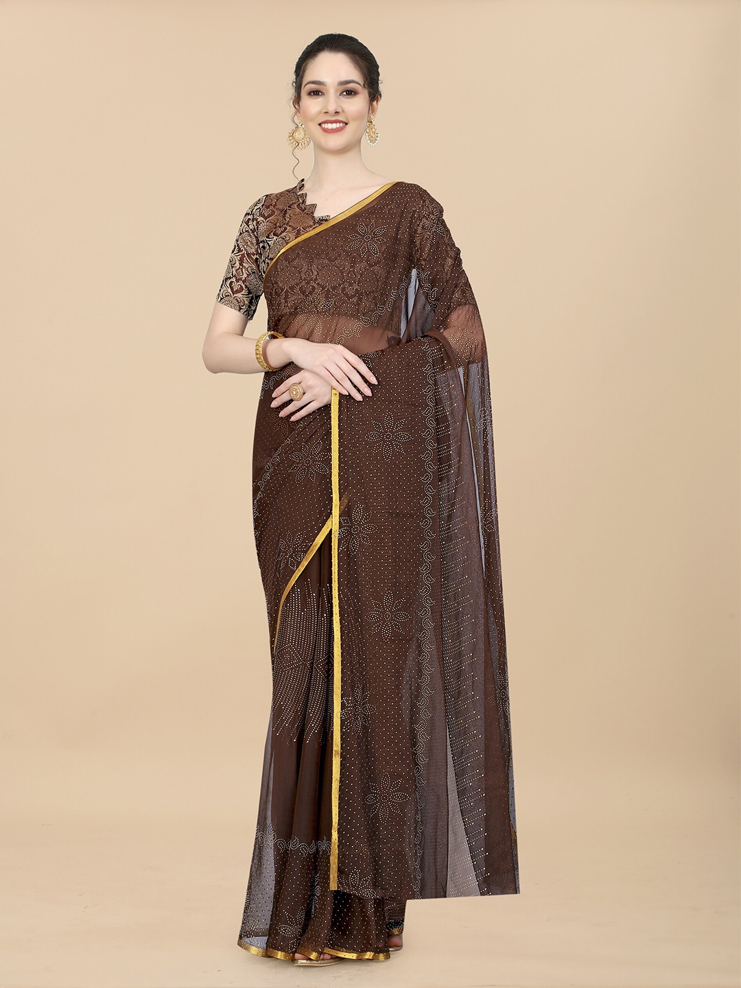 

Rhey Floral Printed Zari Banarasi Saree, Brown