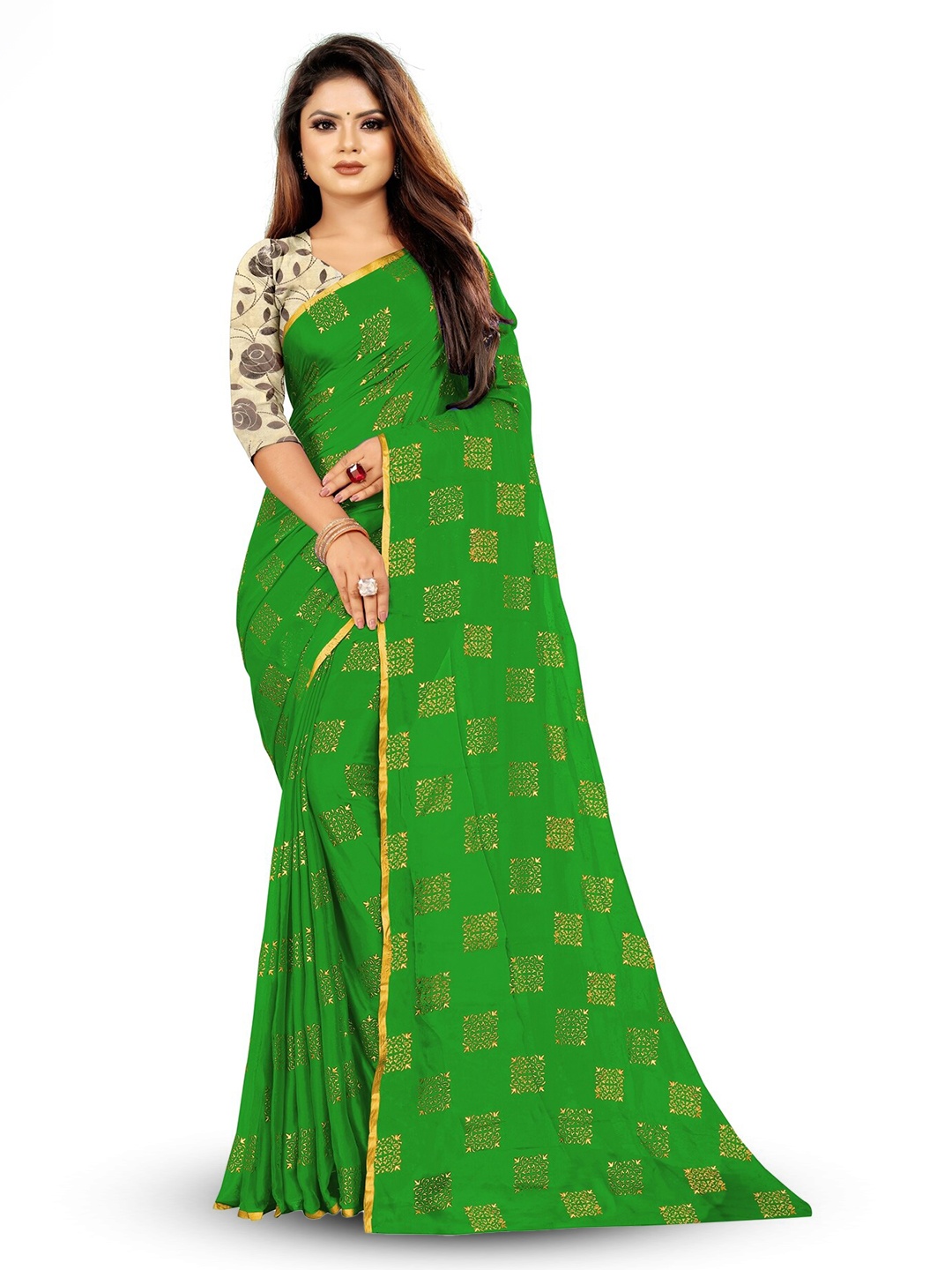 

Rhey Ethnic Motifs Printed Zari Banarasi Saree, Green