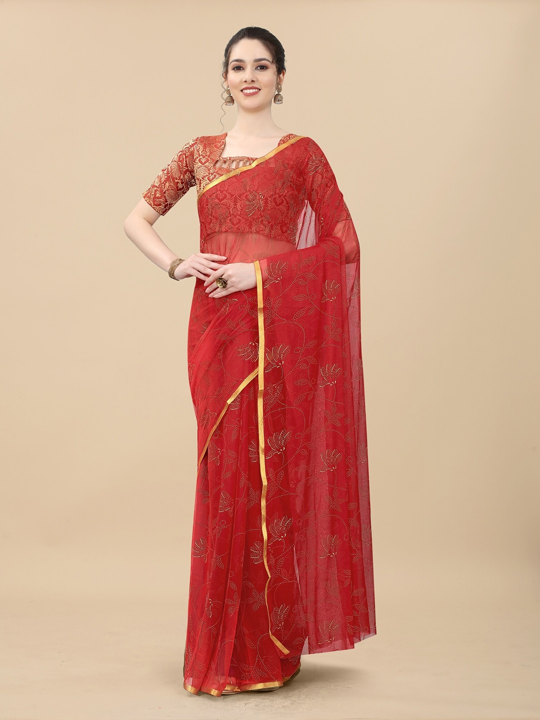 

Rhey Floral Printed Zari Banarasi Saree, Red