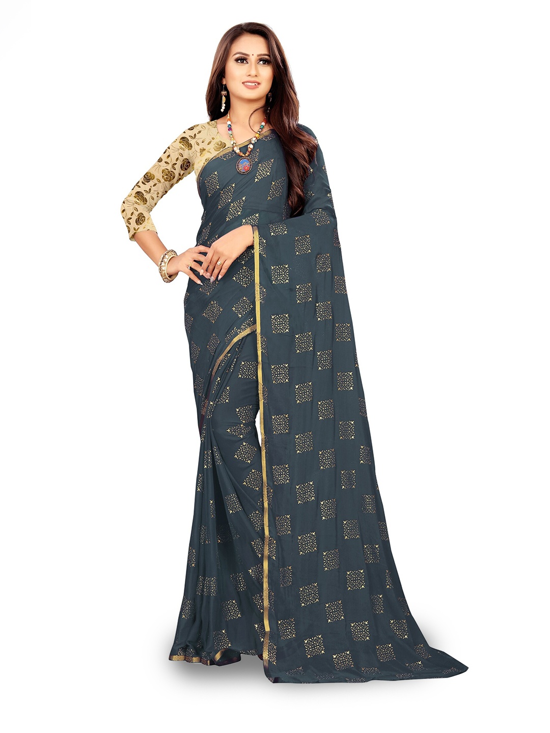 

Rhey Ethnic Motifs Printed Zari Banarasi Saree, Grey