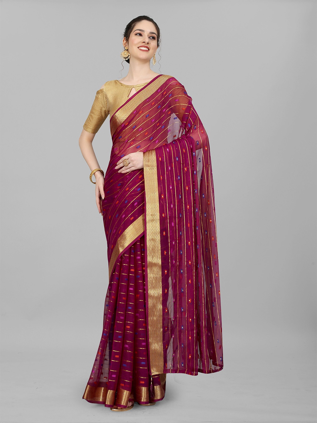 

Rhey Striped Woven Design Zari Pure Chiffon Banarasi Saree, Purple