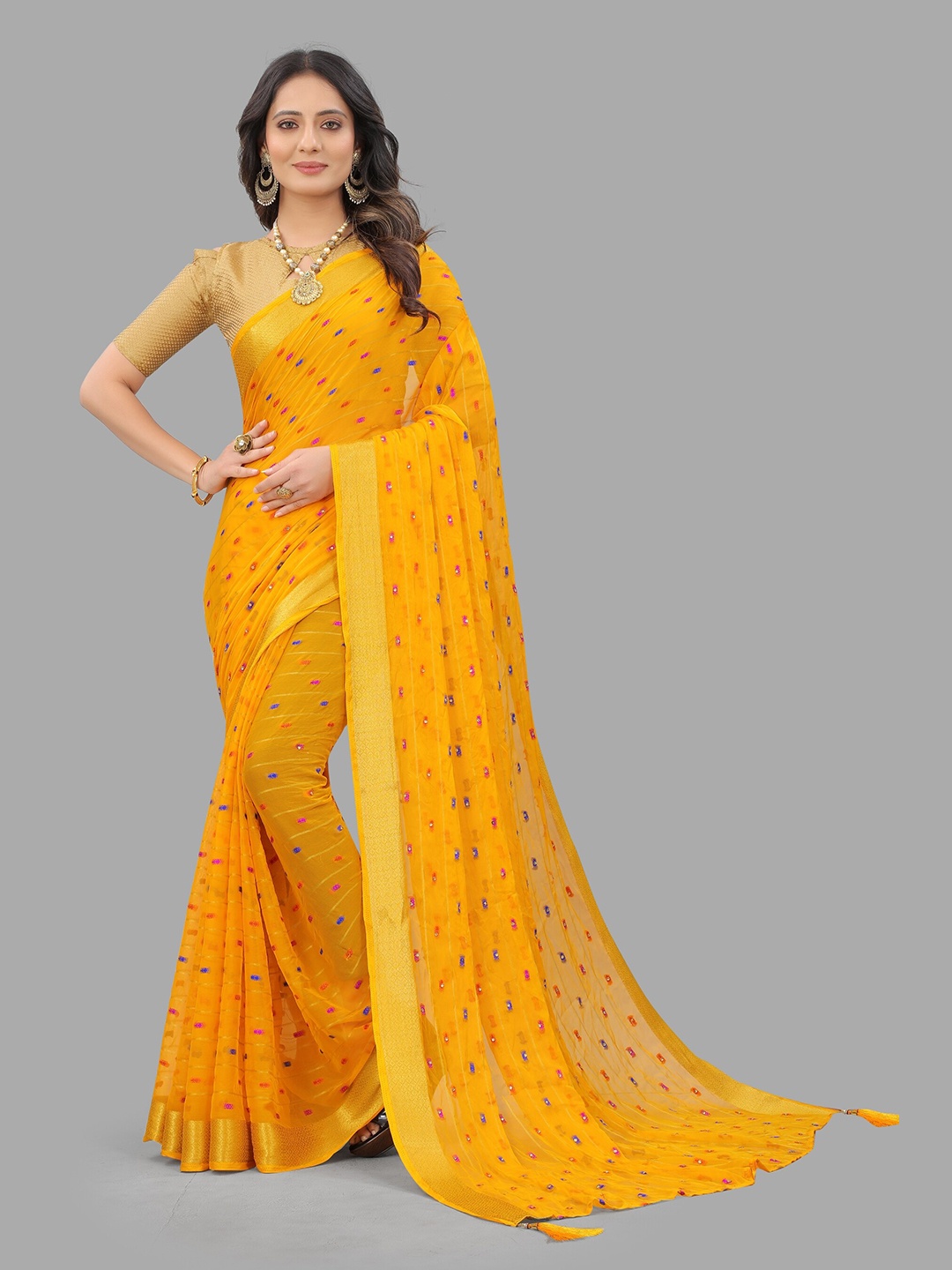 

Rhey Striped Woven Design Zari Pure Chiffon Banarasi Saree, Yellow