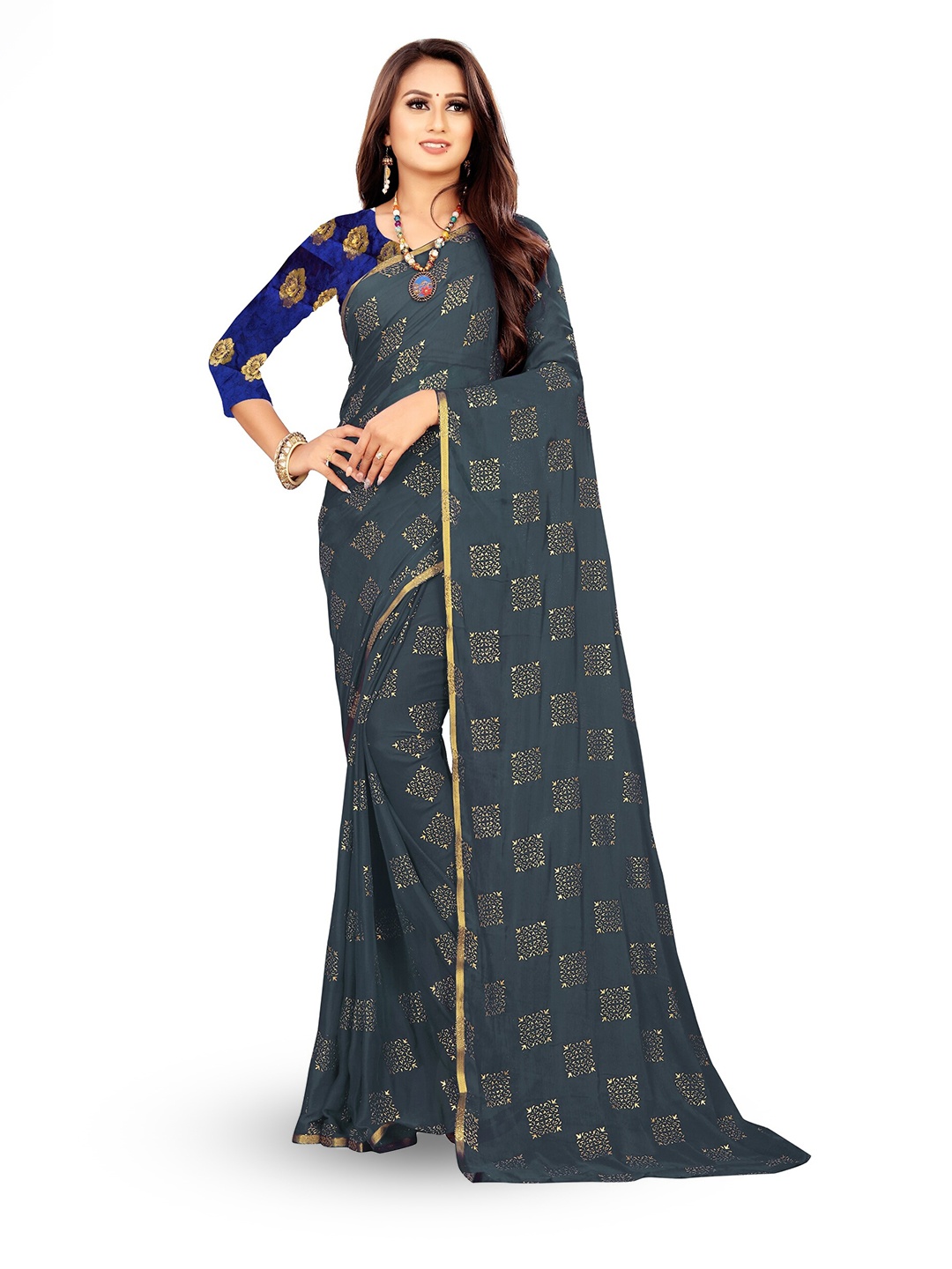 

Rhey Ethnic Motifs Foil Printed Zari Chiffon Banarasi Saree, Grey