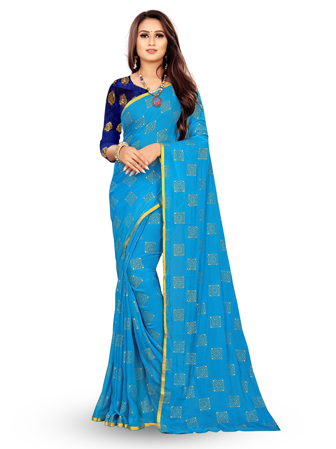 

Rhey Ethnic Motifs Foil Printed Zari Chiffon Banarasi Saree, Turquoise blue