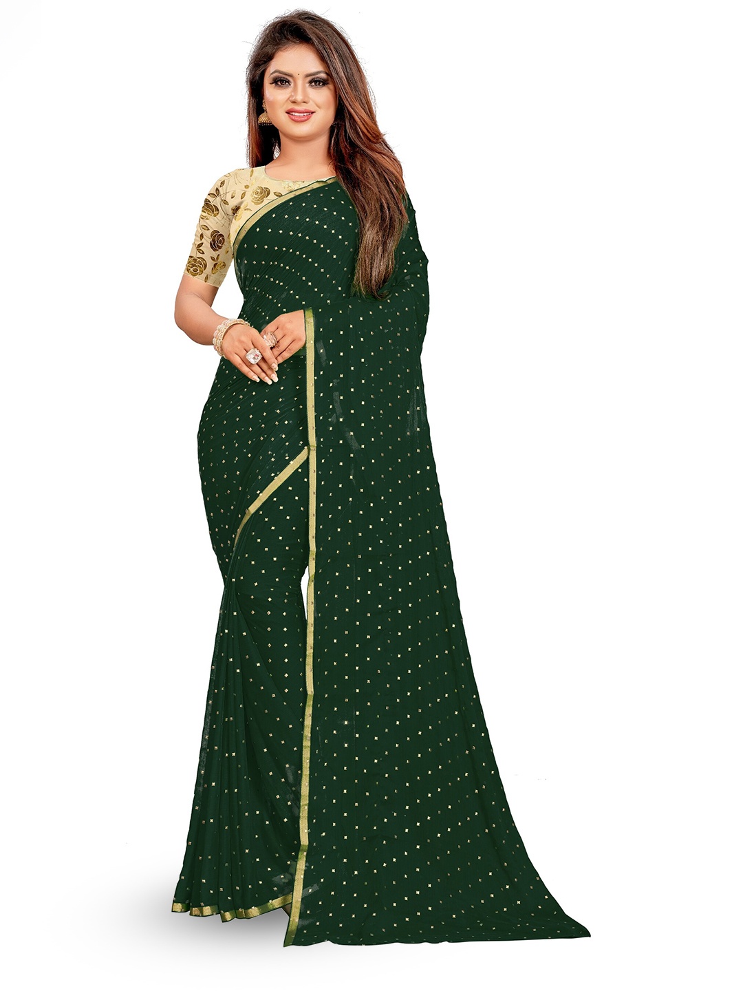 

Rhey Polka Dots Foil Printed Zari Chiffon Banarasi Saree, Green
