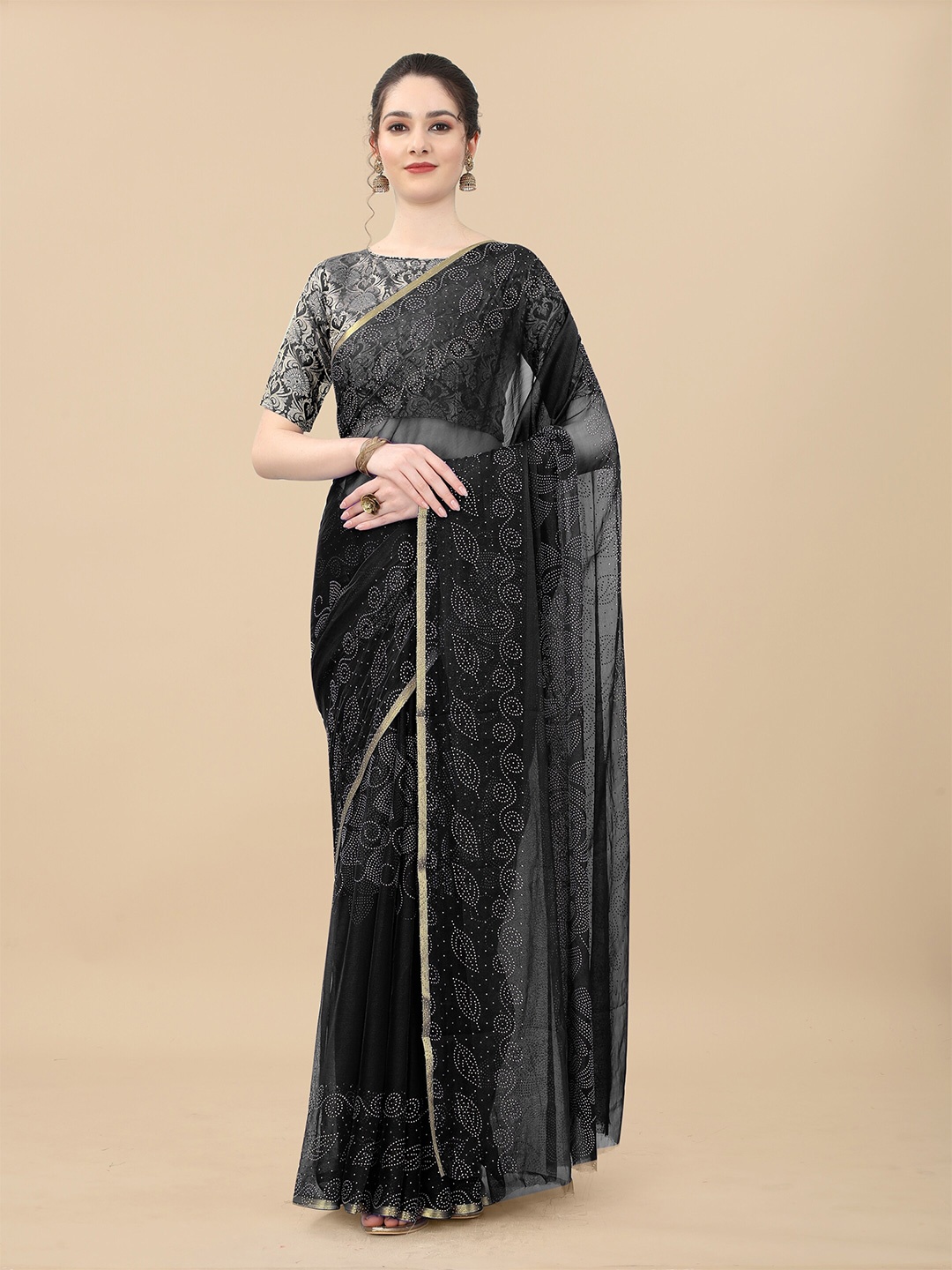 

Rhey Embellished Beads & Stons Chiffon Zari Banarasi Saree, Black