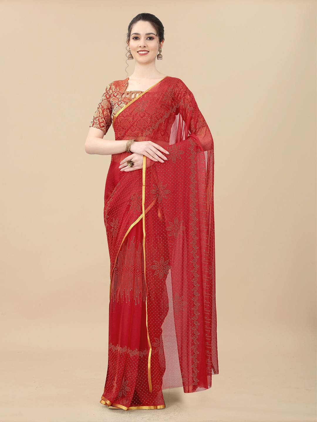 

Rhey Embellished Beads & Stons Chiffon Zari Banarasi Saree, Red