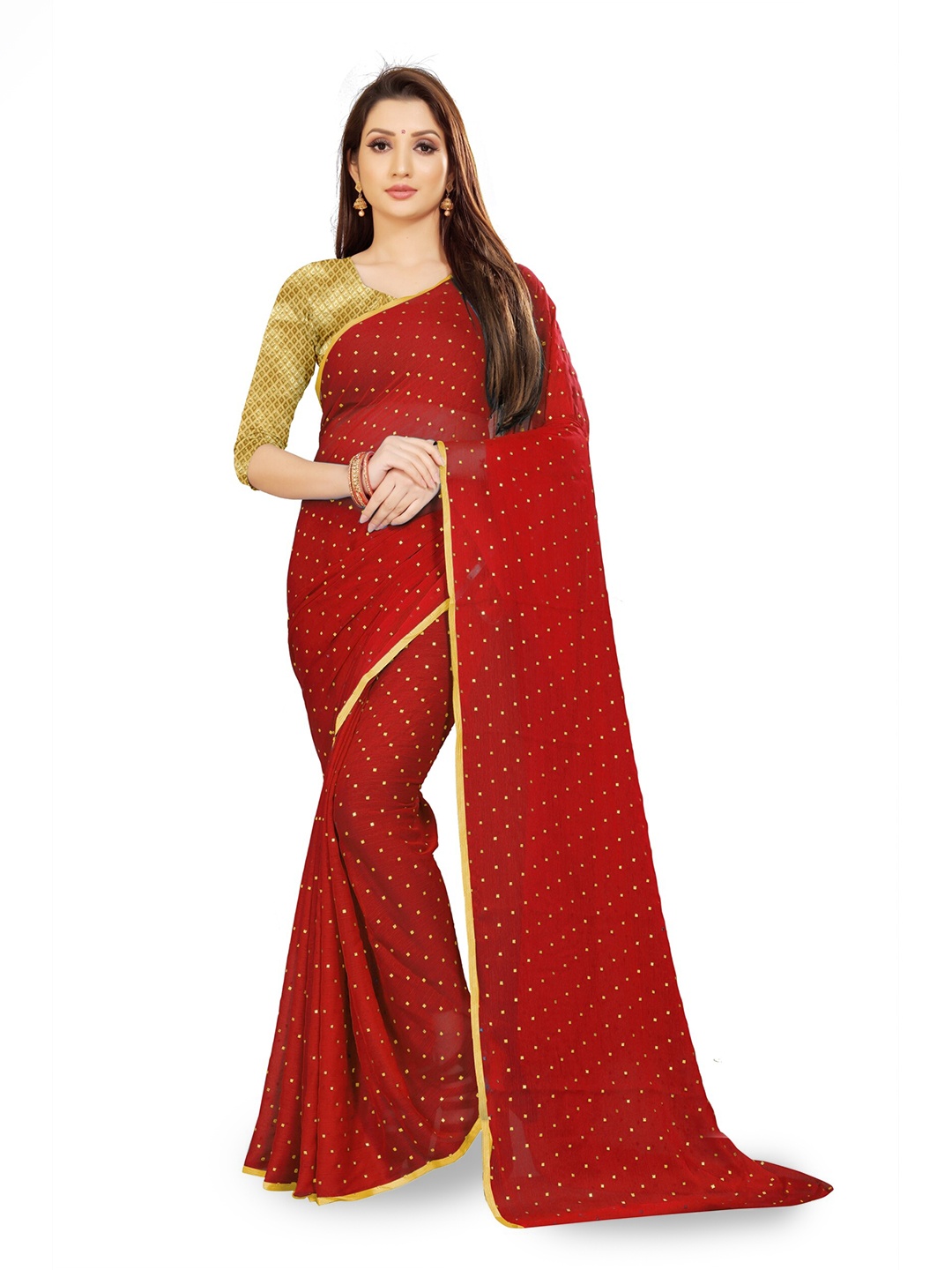 

Rhey Embellished Beads & Stons Chiffon Zari Banarasi Saree, Red