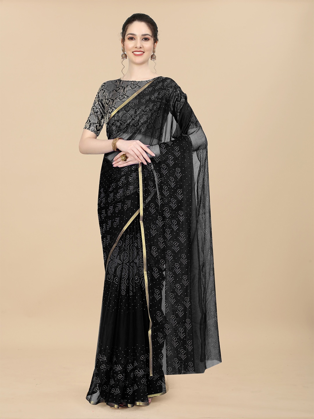 

Rhey Embellished Beads & Stons Chiffon Zari Banarasi Saree, Black