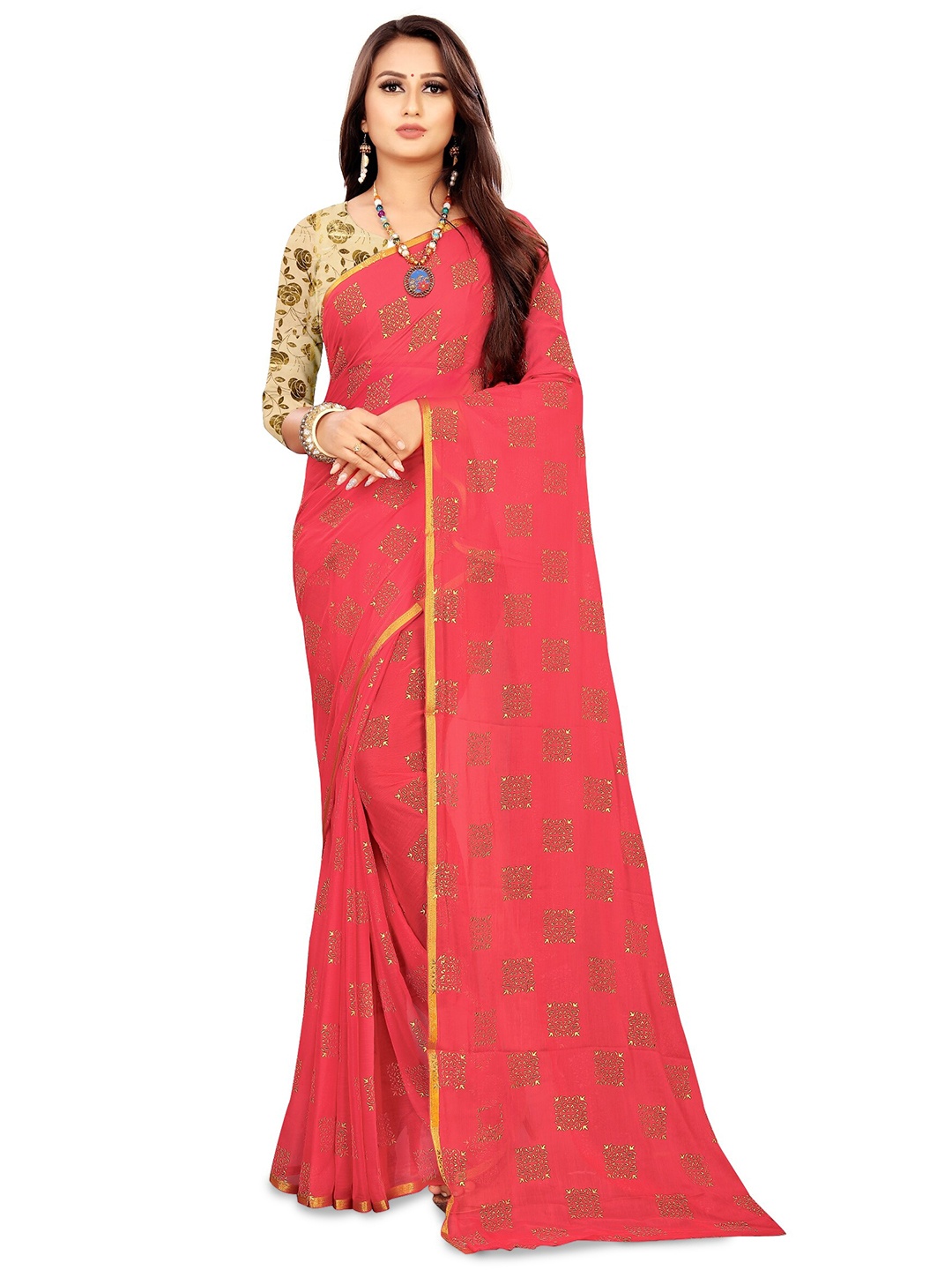 

Rhey Ethnic Motifs Foil Printed Zari Chiffon Banarasi Saree, Rose