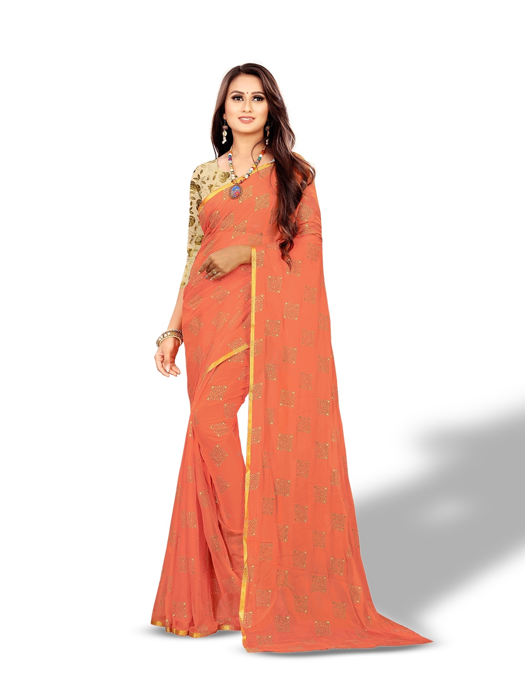 

Rhey Ethnic Motifs Foil Printed Zari Chiffon Banarasi Saree, Peach