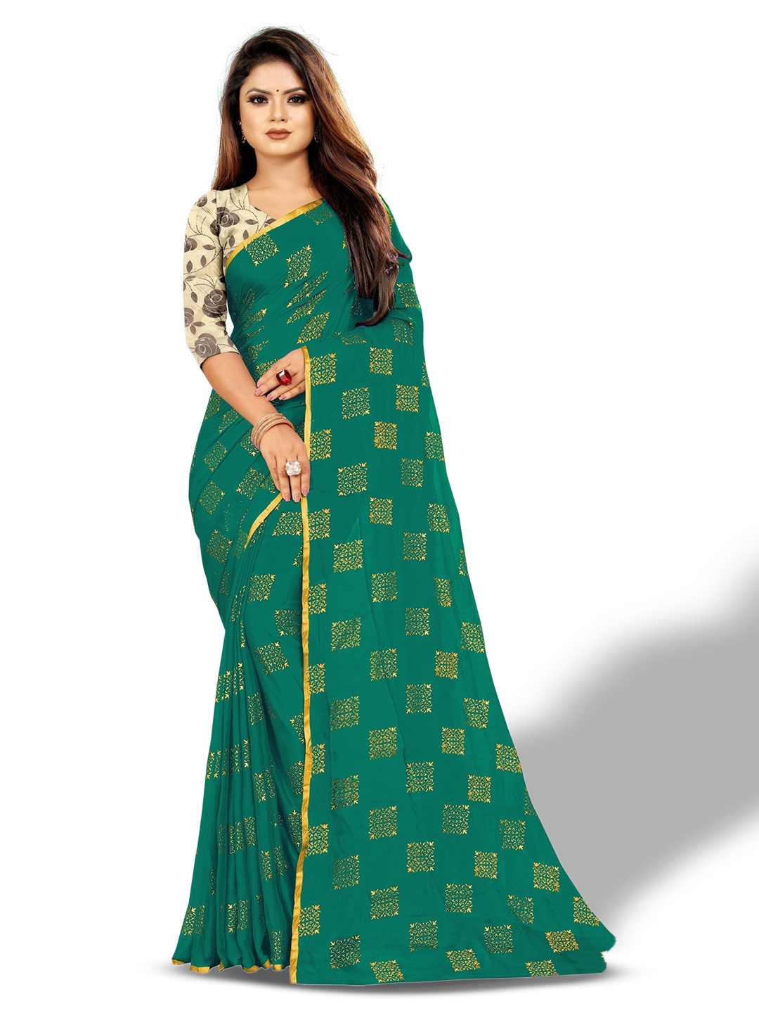 

Rhey Ethnic Motifs Foil Printed Zari Chiffon Banarasi Saree, Green