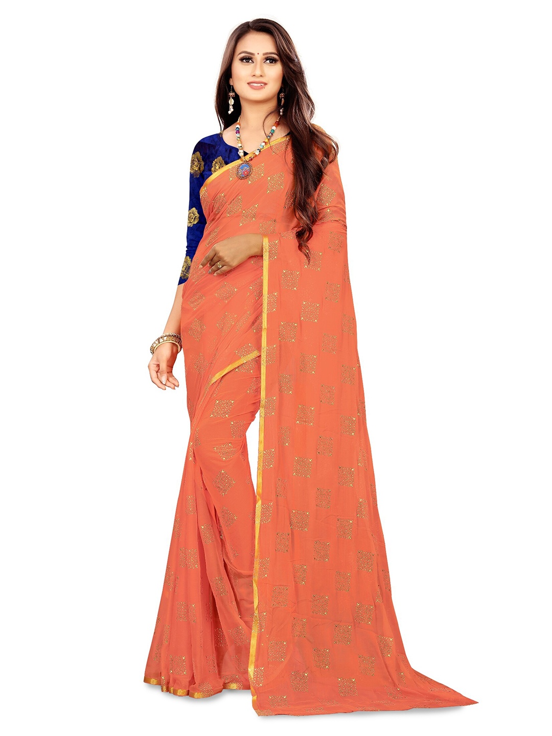

Rhey Ethnic Motifs Foil Printed Zari Chiffon Banarasi Saree, Peach
