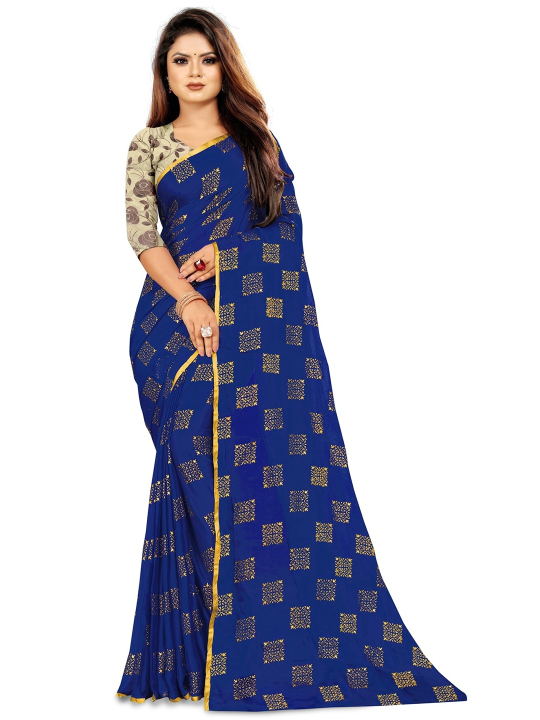 

Rhey Ethnic Motifs Foil Printed Zari Chiffon Banarasi Saree, Navy blue