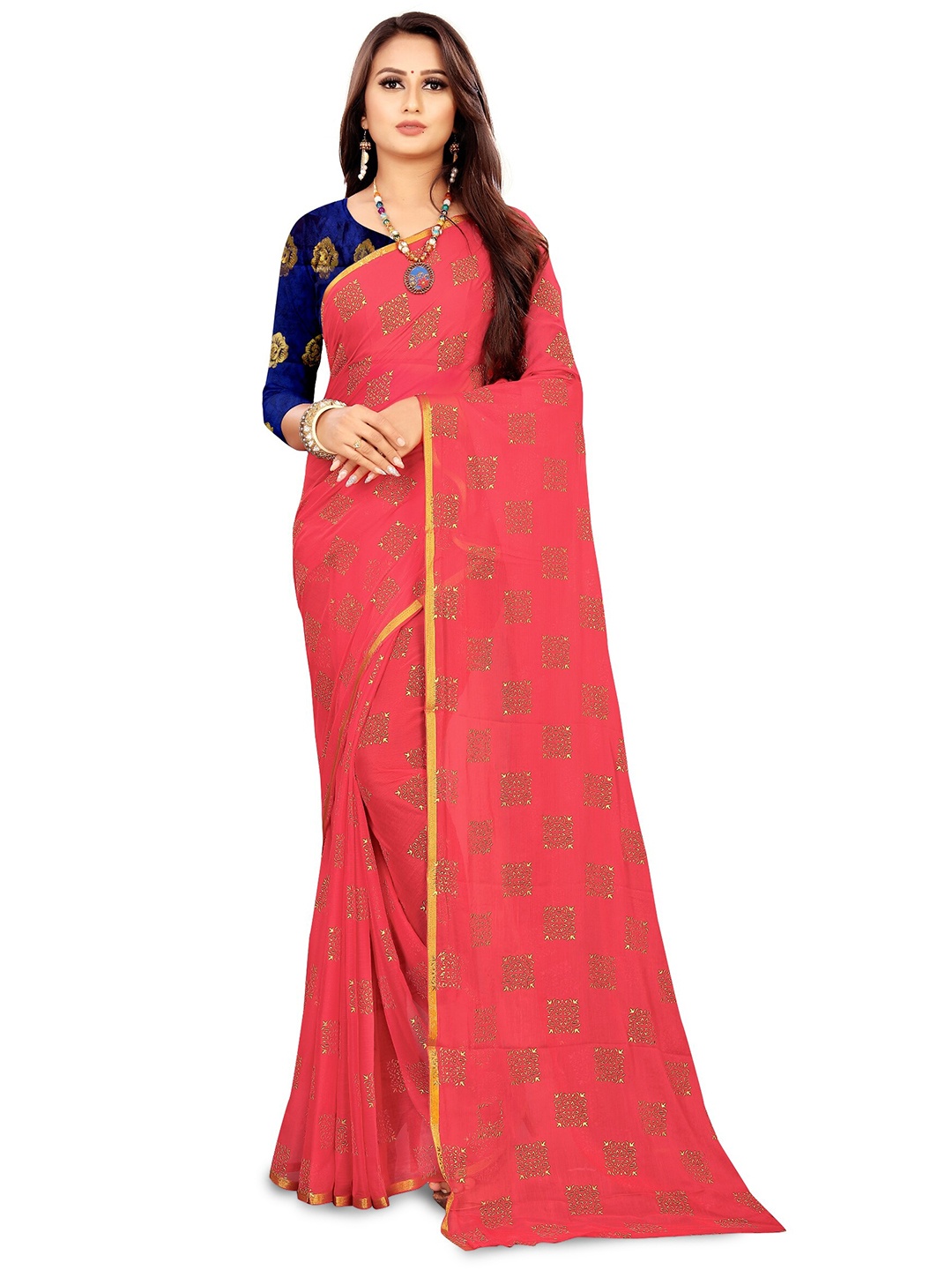 

Rhey Ethnic Motifs Foil Printed Zari Chiffon Saree, Rose