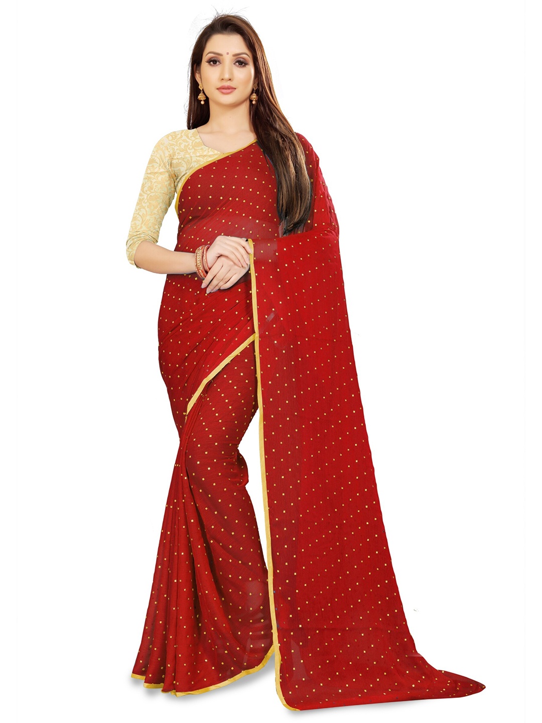 

Rhey Embellished Beads & Stons Chiffon Zari Banarasi Saree, Red