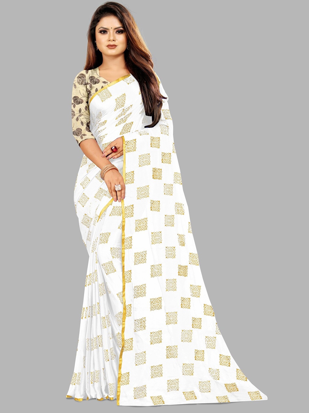 

Rhey Ethnic Motifs Foil Printed Zari Chiffon Banarasi Saree, White