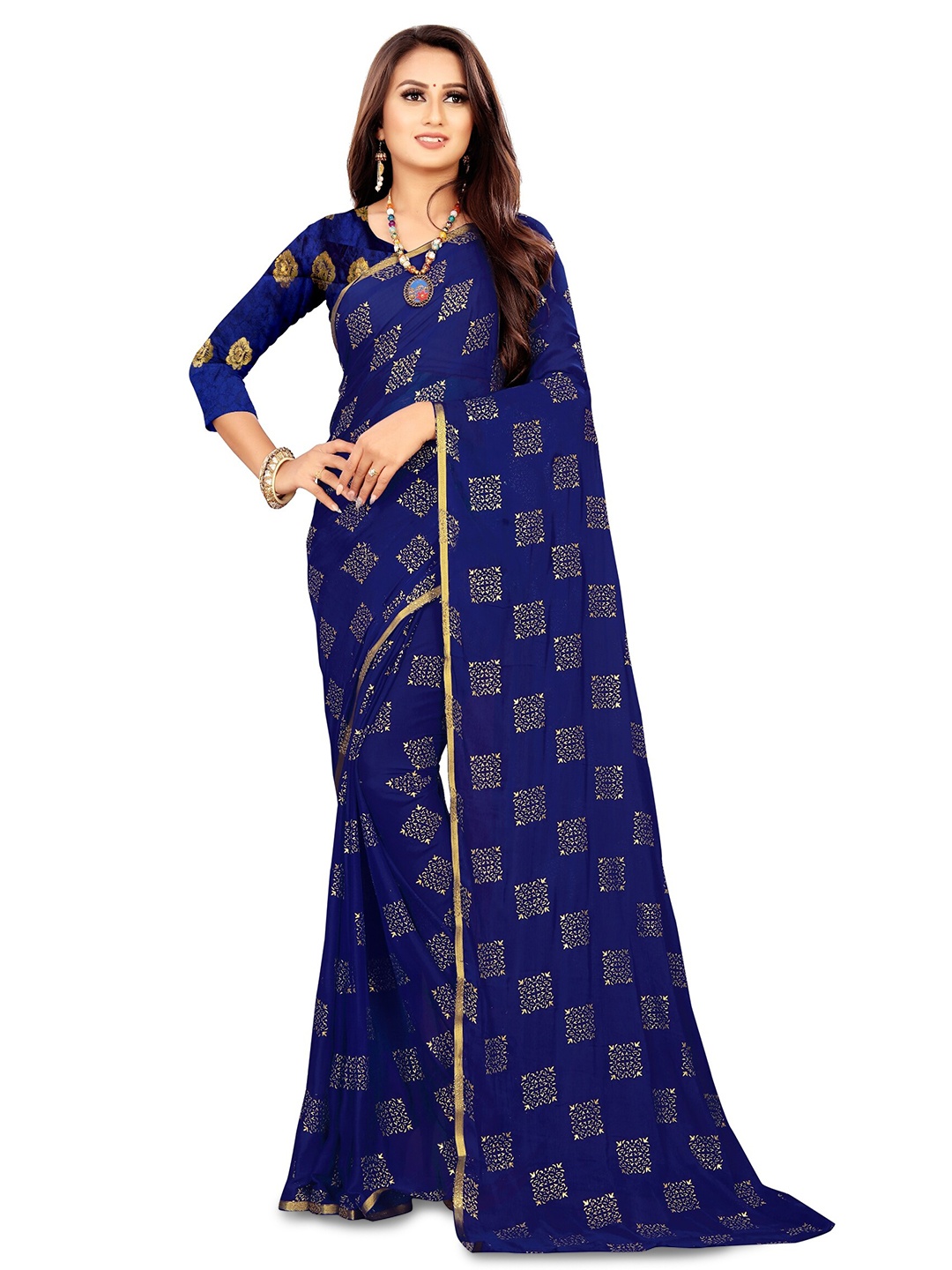 

Rhey Ethnic Motifs Foil Printed Zari Chiffon Banarasi Saree, Navy blue