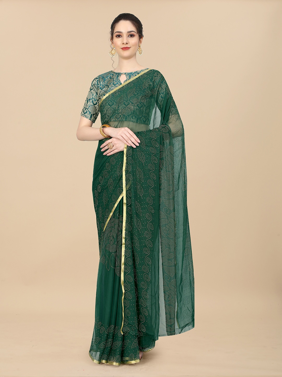 

Rhey Embellished Beads & Stons Chiffon Zari Banarasi Saree, Green