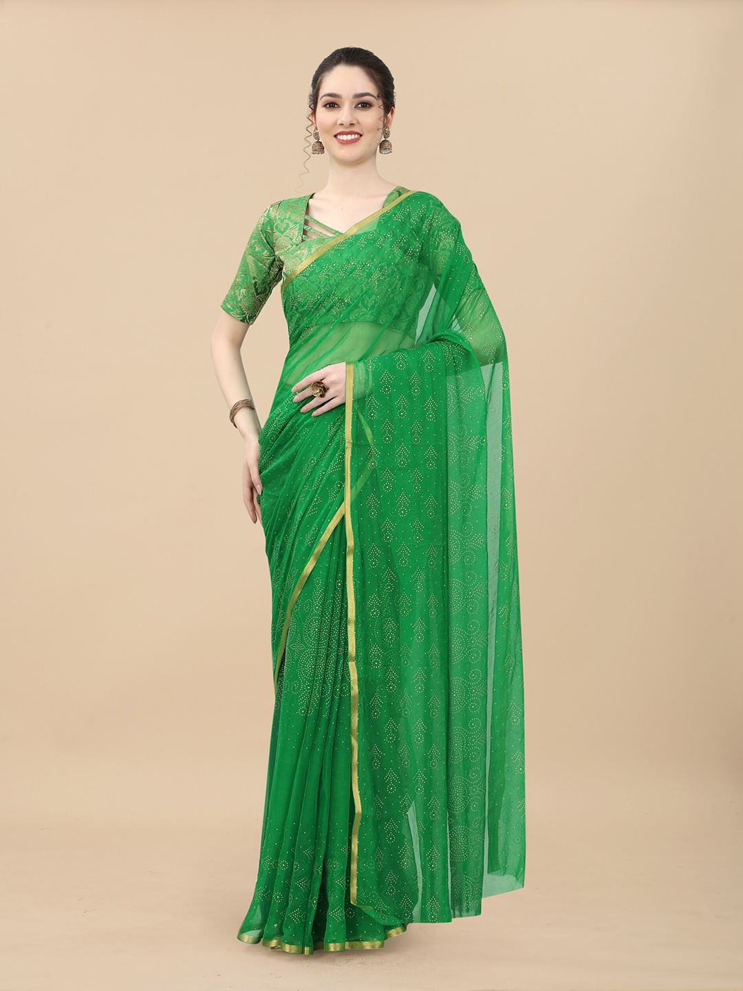 

Rhey Embellished Beads & Stons Chiffon Zari Banarasi Saree, Green