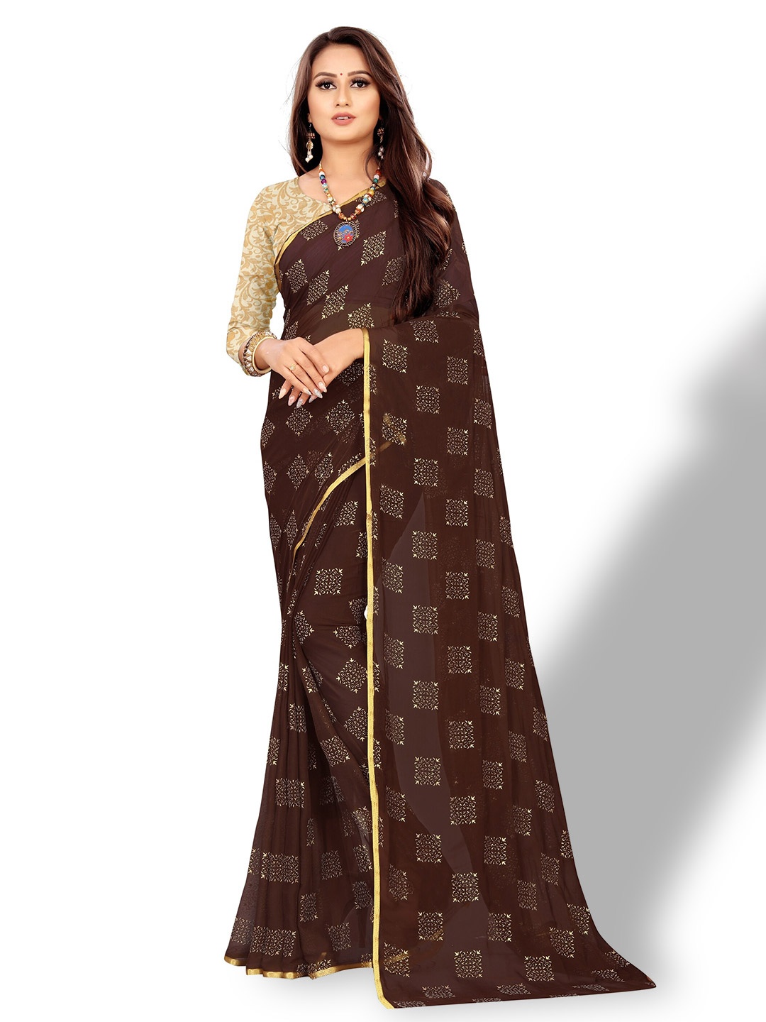 

Rhey Ethnic Motifs Printed Zari Saree, Brown