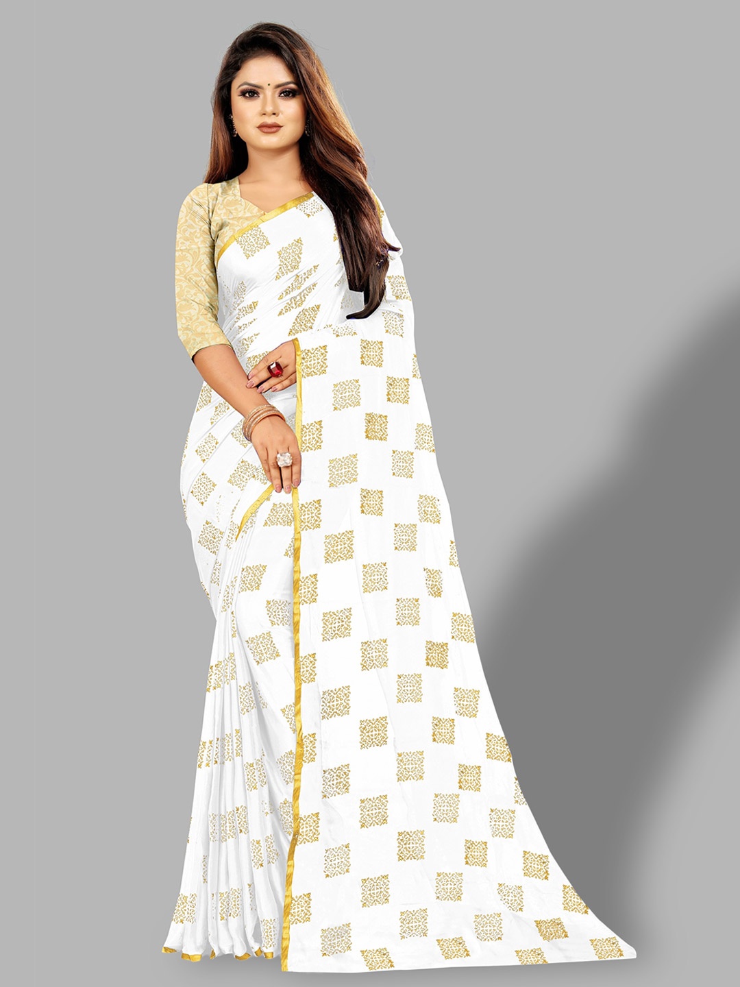 

Rhey Ethnic Motifs Printed Zari Saree, White