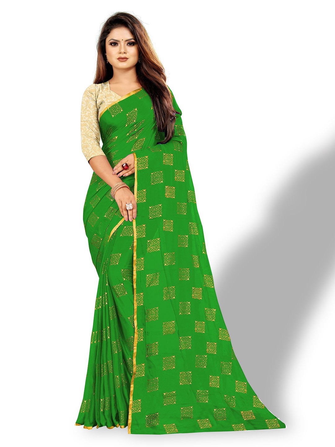 

Rhey Ethnic Motifs Printed Zari Saree, Green