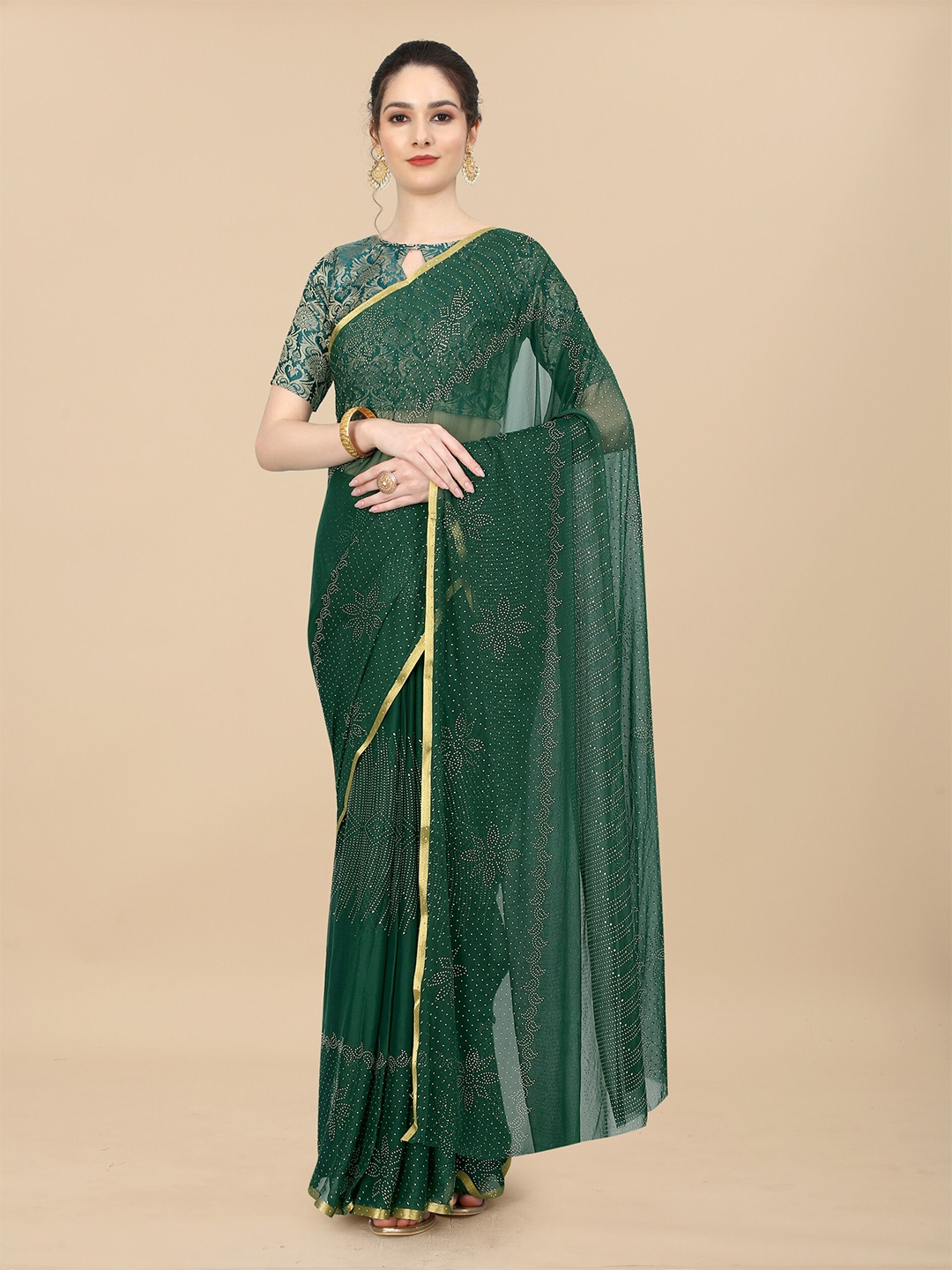 

Rhey Floral Printed Zari Saree, Green